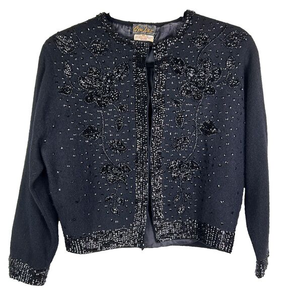 Cyn Les Vintage 1950's Lambs Wool & Angora Sequin Beaded Knit Cardigan Black 40 - Picture 1 of 15